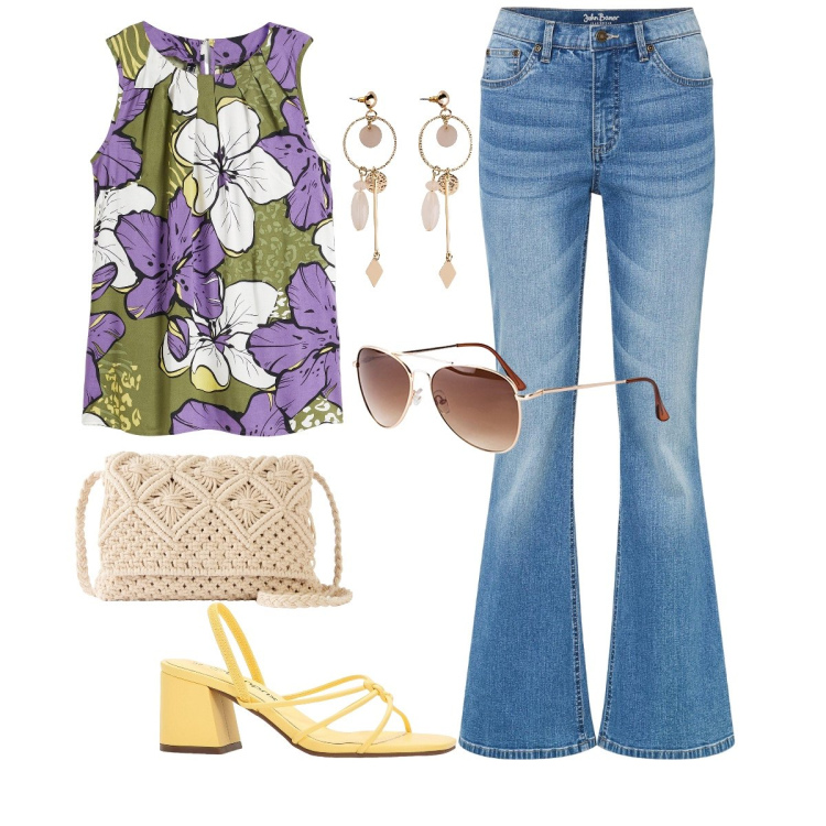 Outfit donna - New 70\'. Stile 70s per Tutti i giorni. Abbinamento con jeans a zampa, sandali col tacco, orecchini, occhiali da sole, top, borse a tracolla.