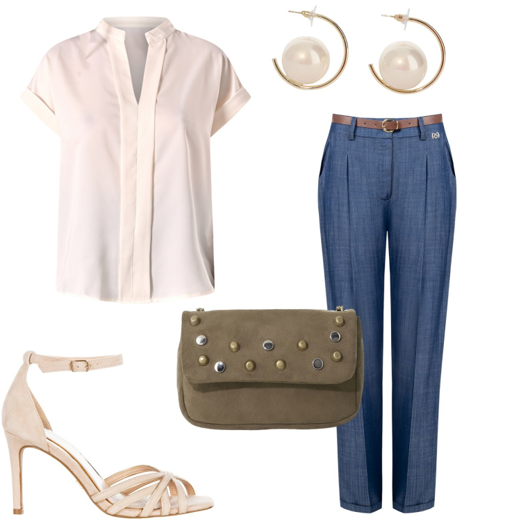 Outfit donna - Serata con amici. Stile Casual chic per Serata fuori. Abbinamento con pantaloni, sandali col tacco, bluse, orecchini, borse a tracolla.