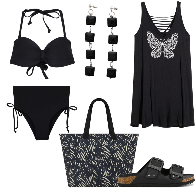 Outfit donna - In nero al mare. Stile Basic per Mare. Abbinamento con vestiti da spiaggia, bikini, bikini, shopping bag, orecchini, sandali.