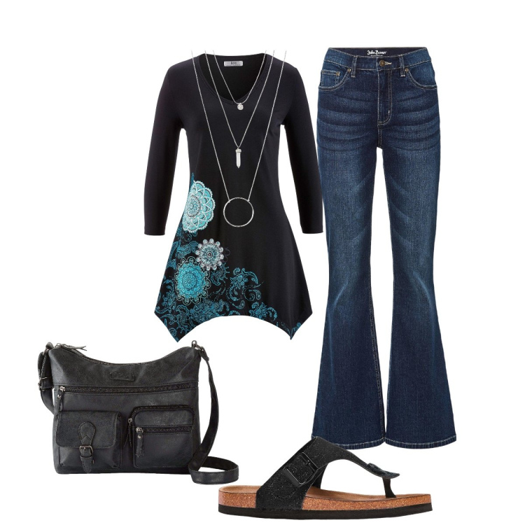 Outfit donna - Anni 70 rivisitati. Stile Etnico per Serata fuori. Abbinamento con maglieria, jeans a zampa, ciondoli, infradito, borse a tracolla.