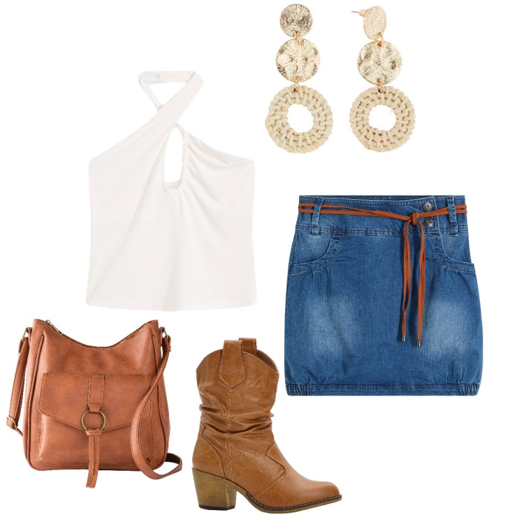 Outfit donna - Indimenticabili anni 70. Stile 70s per Tutti i giorni. Abbinamento con stivaletti texani, minigonne, borse a tracolla, orecchini, top.