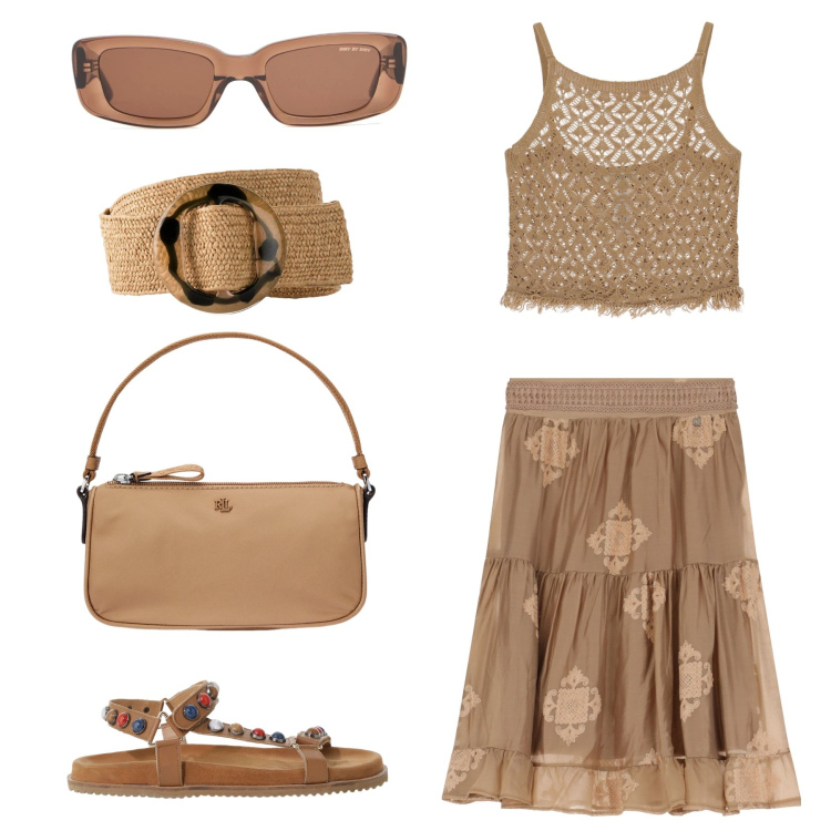 Outfit donna - Un colore neutro sempre di moda. Stile Boho per Tutti i giorni. Abbinamento con cinture, gonne, sandali, top, pochette, occhiali da sole.