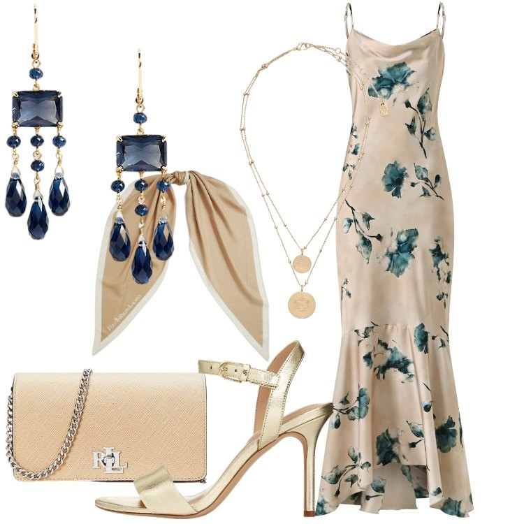 Outfit donna - Summer Holiday. Stile Chic per Serata fuori. Abbinamento con vestiti lunghi, ciondoli, sandali in pelle, borse a tracolla, foulard, orecchini.