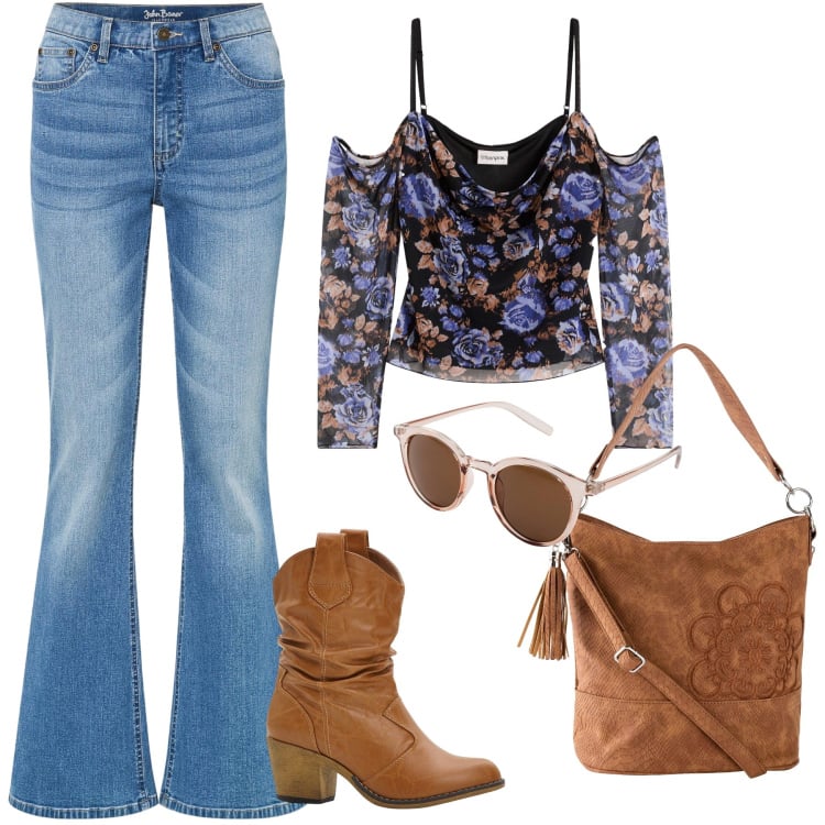 Outfit donna - La figlia dei fiori. Stile 70s per Tutti i giorni. Abbinamento con bluse, borse a mano, jeans a zampa, stivaletti texani, occhiali da sole.