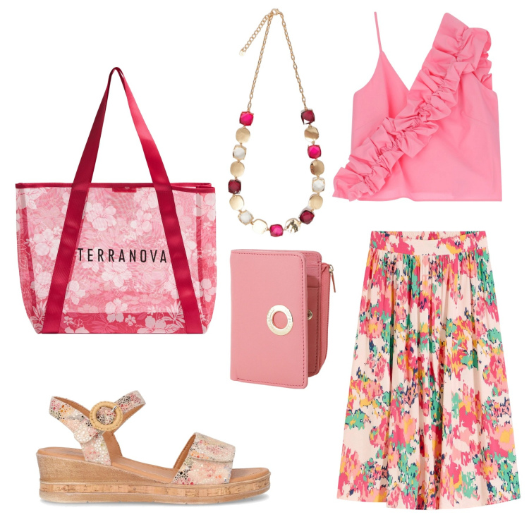 Outfit donna - Colori allegri. Stile Romantica per Tutti i giorni. Abbinamento con gonne longuette, shopping bag, portafogli, top, collane, sandali.