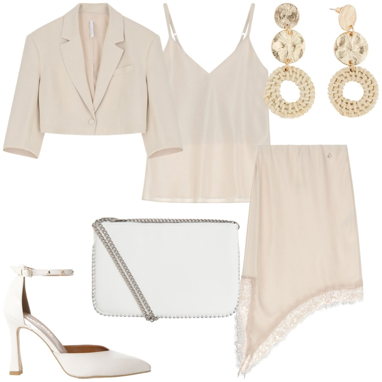 Outfit donna - Total look #2211768. Stile Bon Ton per Cerimonia. Abbinamento con orecchini, borse a tracolla, décolleté, blazer, gonne longuette, top.