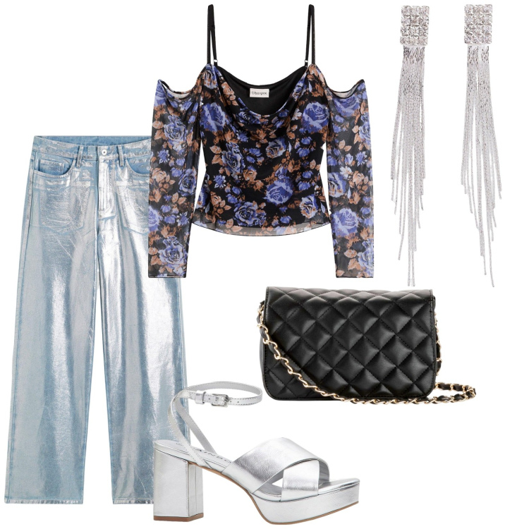 Outfit donna - Denim vintage dance. per Serata fuori. Abbinamento con orecchini, borse a tracolla, bluse, jeans, sandali col tacco.