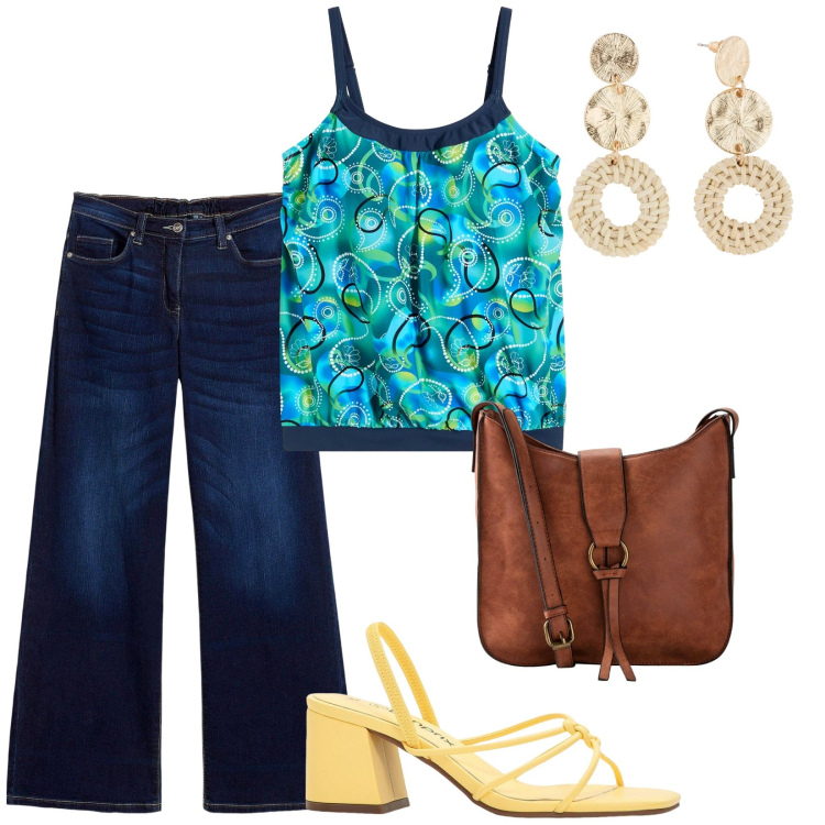 Outfit donna - Denim vintage Summer. per Tutti i giorni. Abbinamento con jeans, top, borse a tracolla, sandali col tacco, orecchini.