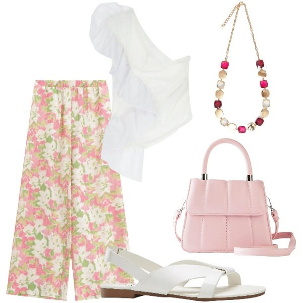 Outfit donna - A cena fuori. Stile Casual chic per Serata fuori. Abbinamento con sandali, borse a tracolla, pantaloni a palazzo, top, collane.