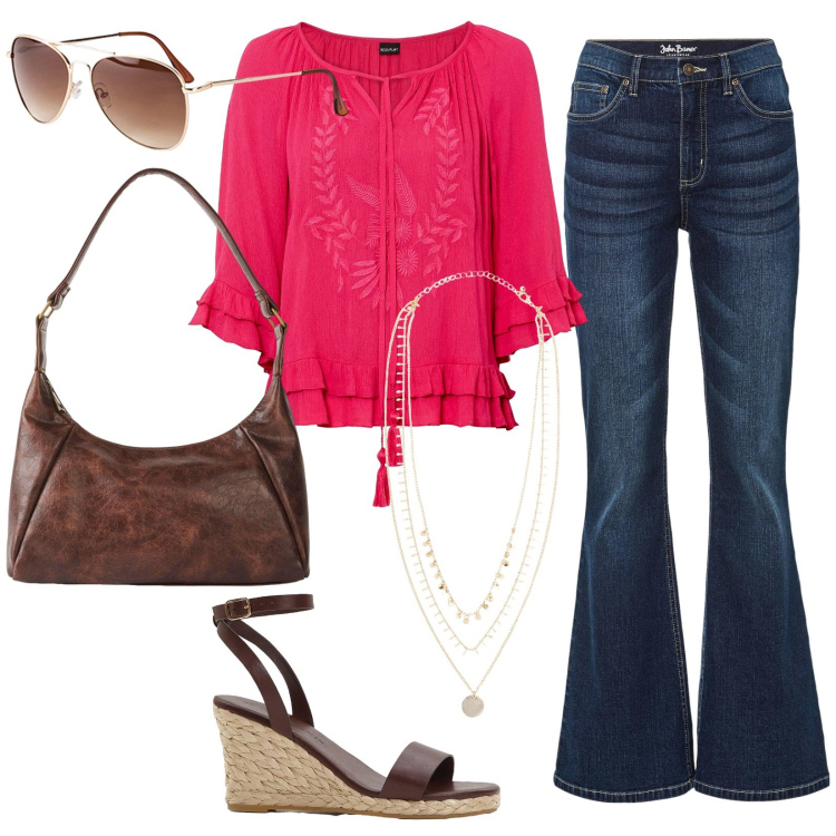 Outfit donna - Boho vintage. Stile 70s per Tutti i giorni. Abbinamento con tuniche, occhiali da sole, collane, jeans a zampa, borse a mano, sandali.