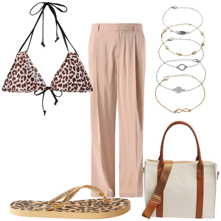 Outfit donna - Total look #2211827. Stile Trendy per Mare. Abbinamento con braccialetti con ciondoli, bikini, shopping bag, infradito, pantaloni a palazzo.