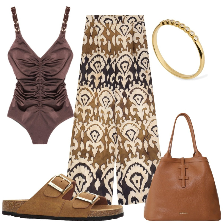 Outfit donna - Total look #2211830. Stile Etnico per Mare. Abbinamento con ciabatte, borse tote, pantaloni, costumi interi, anelli.