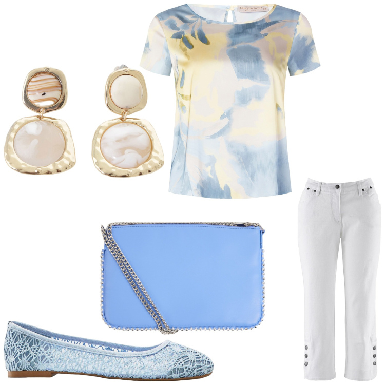 Outfit donna - Celestiale. Stile Bon Ton per Ufficio. Abbinamento con jeans, ballerine, borse a tracolla, bluse, orecchini.