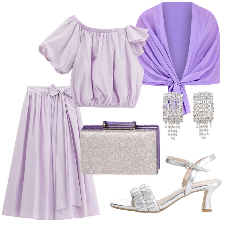 Outfit donna - Cerimonia low cost. Stile Romantica per Cerimonia. Abbinamento con scialli, pochette, sandali col tacco, top, gonne lunghe, orecchini.