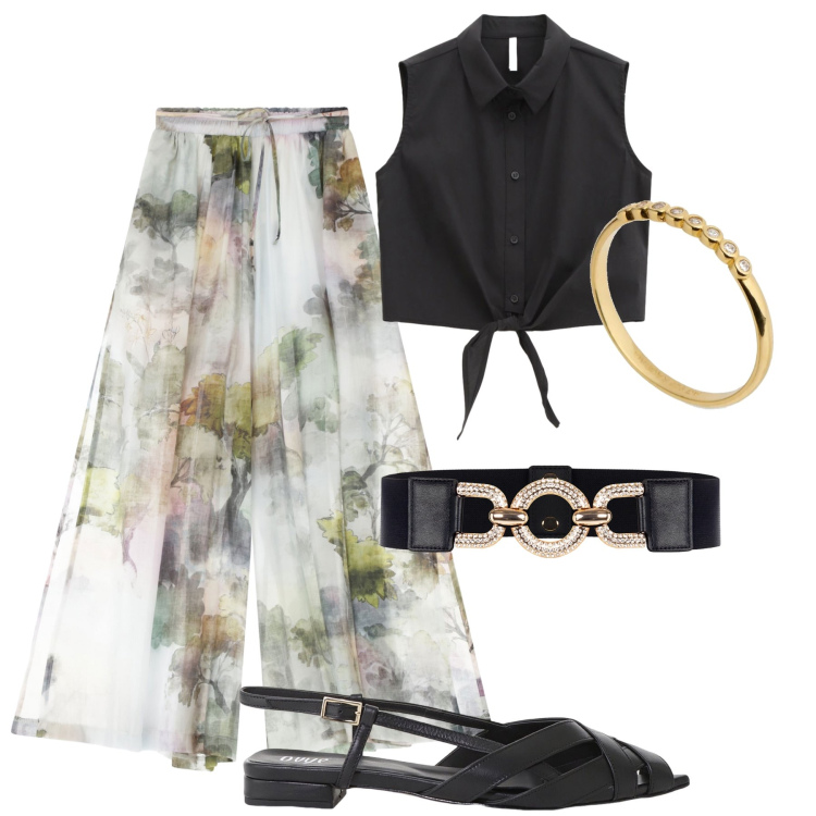 Outfit donna - Fantasia artistica a cena. Stile Casual chic per Serata fuori. Abbinamento con cinture, camicie, pantaloni a palazzo, sandali, anelli.