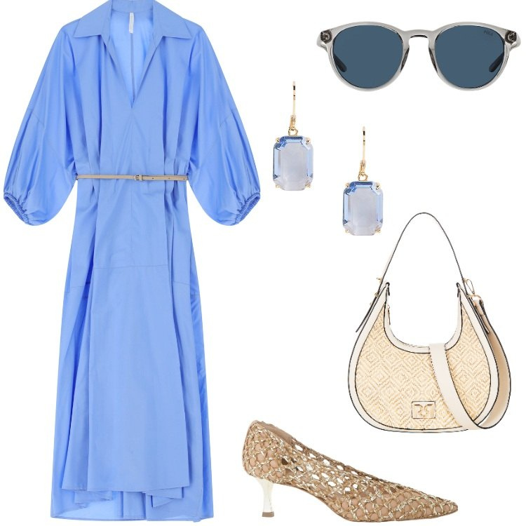 Outfit donna - Vacanze estive al mare. Stile Romantica per Tutti i giorni. Abbinamento con borse a mano, vestiti lunghi, décolleté, occhiali da sole, orecchini.