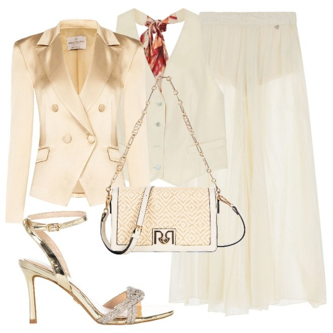Outfit donna - Estate d\'oro. Stile Chic per Serata fuori. Abbinamento con borse a tracolla, blazer, sandali col tacco, pantaloni, top.