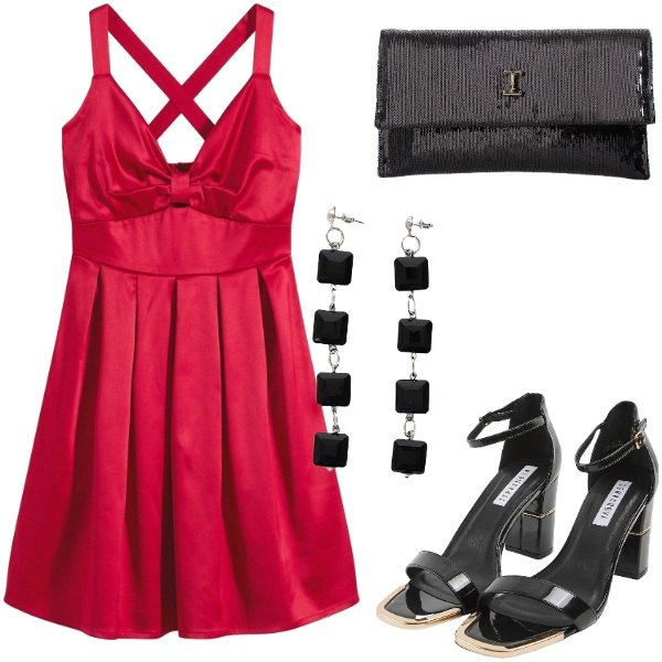 Outfit donna - Compleanno a sopresa. Stile Glamour per Serata fuori. Abbinamento con vestiti corti, sabot, borse a tracolla, orecchini.