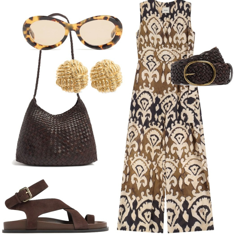 Outfit donna - Una jumpsuit per tutto il giorno. Stile Casual chic per Tutti i giorni. Abbinamento con tute, orecchini, shopping bag, sandali in pelle, occhiali da sole, cinture.