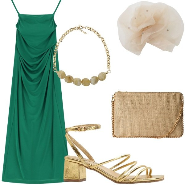 Outfit donna - Cerimonia tra intimi. Stile Glamour per Serata fuori. Abbinamento con sandali col tacco, borse a tracolla, foulard, vestiti lunghi, collane.