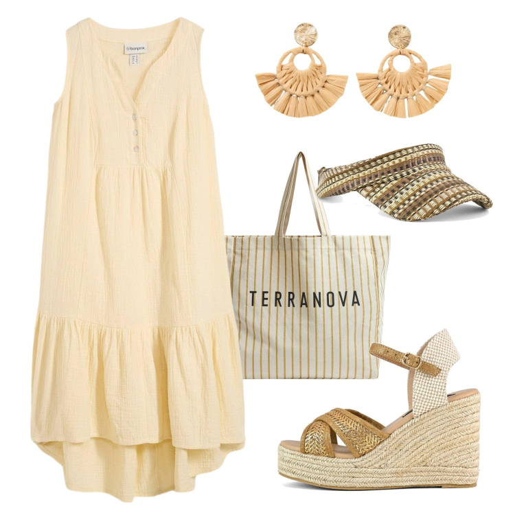 Outfit donna - In vacanza!. Stile Minimal per Mare. Abbinamento con vestiti, orecchini, borse tote, zeppe, cappelli con visiera.