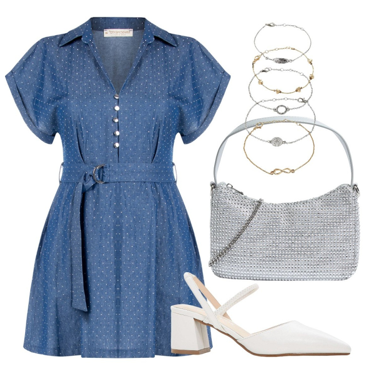 Outfit donna - L’abitino grazioso coi pois. Stile Bon Ton per Cerimonia. Abbinamento con braccialetti con ciondoli, décolleté, borse a tracolla, vestiti.