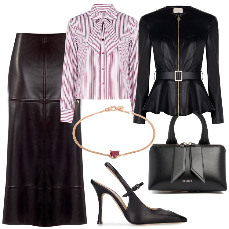 Outfit donna - Autunno strutturato. Stile Chic per Serata fuori. Abbinamento con blazer, gonne longuette, camicie, borse a mano, braccialetti, décolleté.