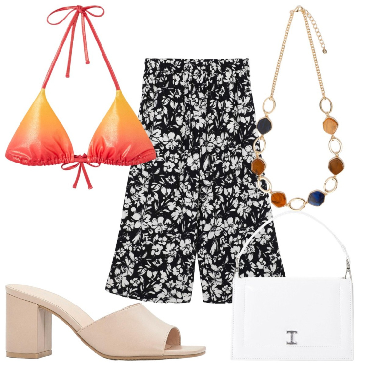 Outfit donna - Total look #2211901. Stile Trendy per Mare. Abbinamento con sandali col tacco, bikini, pantaloni a palazzo, borse a tracolla, collane.