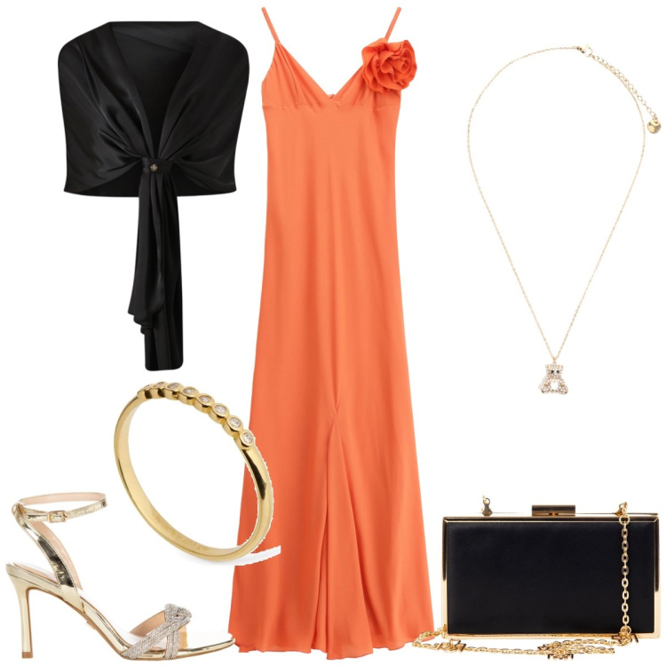 Outfit donna - Serata estiva. Stile Chic per Serata fuori. Abbinamento con scialli, pochette, sandali col tacco, ciondoli, vestiti lunghi, anelli.