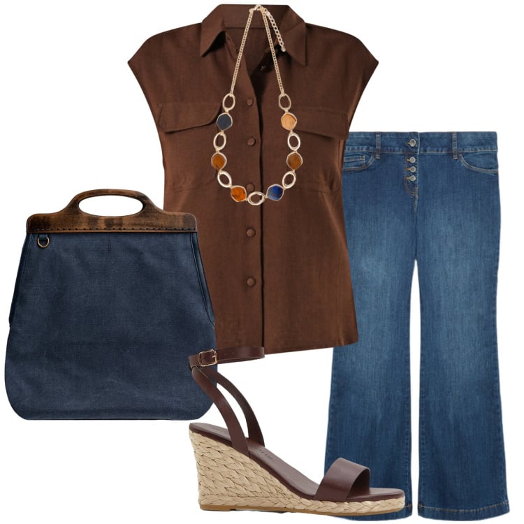 Outfit donna - In città. Stile Casual per Tutti i giorni. Abbinamento con sandali, camicie, collane, borse a tracolla, jeans.