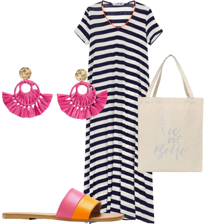 Outfit donna - Al mare. Stile Casual per Tutti i giorni. Abbinamento con ciabatte, orecchini, borse tote, vestiti lunghi.