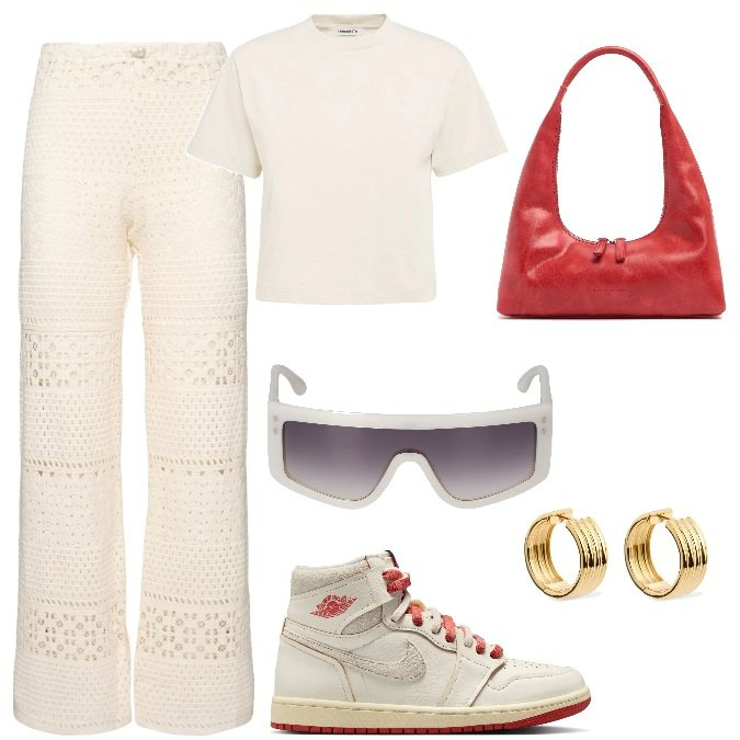 Outfit donna - Total look #2211915. Stile Basic per Tutti i giorni. Abbinamento con sneakers, pantaloni, occhiali da sole, orecchini, t-shirt, borse a spalla.