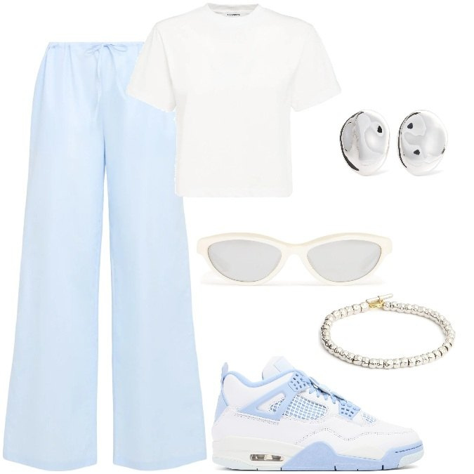 Outfit donna - Total look #2211917. Stile Basic per Tutti i giorni. Abbinamento con braccialetti, orecchini, occhiali da sole, sneakers, pantaloni, t-shirt.