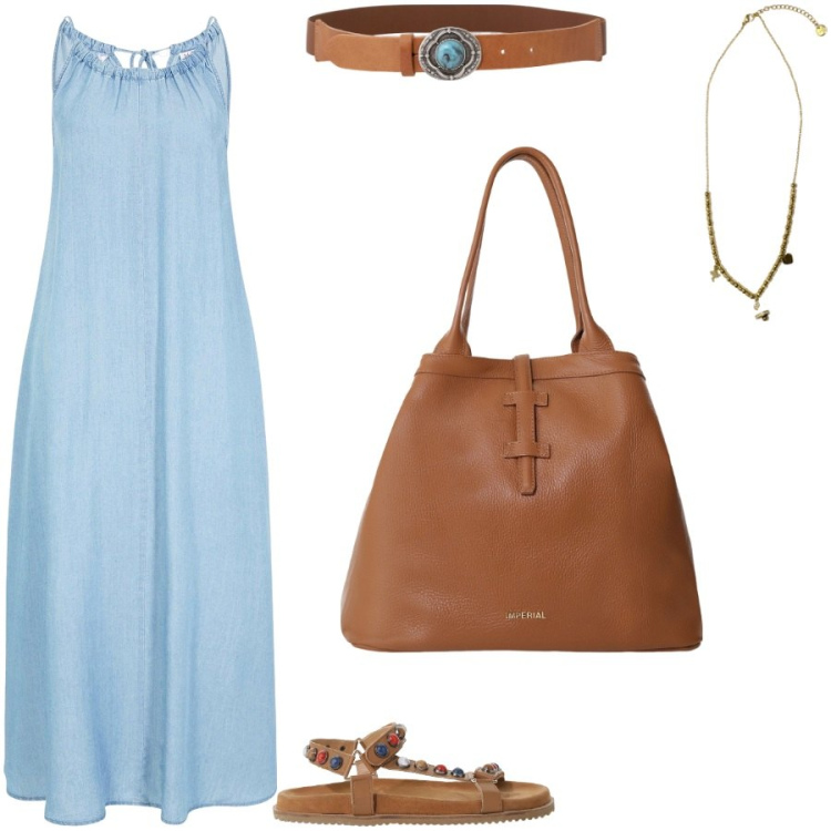Outfit donna - Casual day. Stile Casual per Tutti i giorni. Abbinamento con vestiti, borse tote, ciondoli, sandali, cinture.