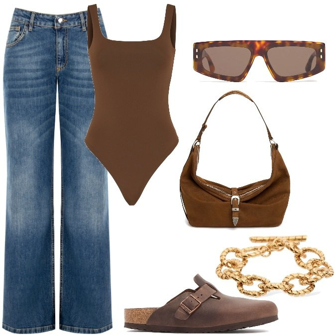 Outfit donna - Total look #2211919. Stile Trendy per Tutti i giorni. Abbinamento con jeans, braccialetti, occhiali da sole, borse a spalla, pantofole, body.
