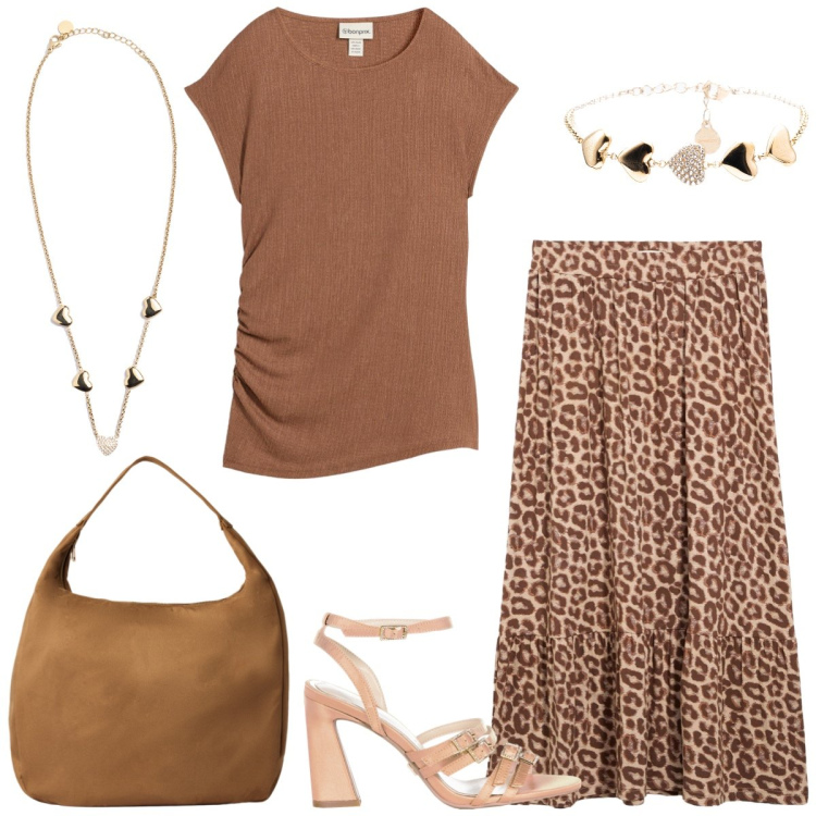 Outfit donna - Passeggiata. Stile Casual chic per Tutti i giorni. Abbinamento con gonne, top, borse a mano, sandali col tacco, braccialetti, collane.