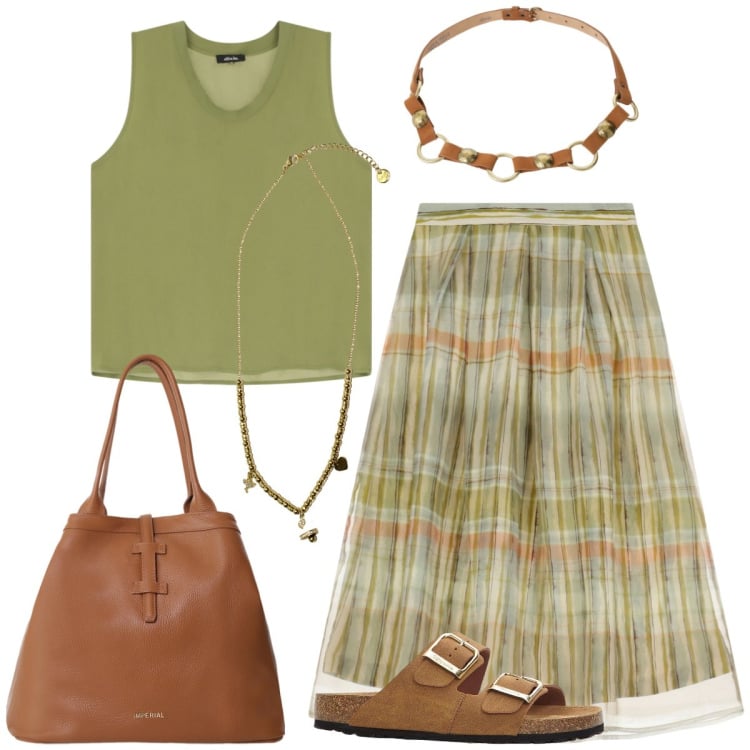 Outfit donna - In vacanza. Stile Boho per Tutti i giorni. Abbinamento con ciabatte, borse tote, cinture, top, gonne lunghe, ciondoli.