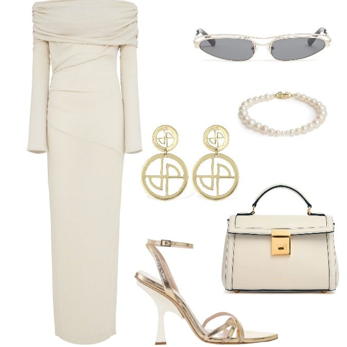 Outfit donna - Total look #2211923. Stile Chic per Serata fuori. Abbinamento con sandali col tacco, orecchini, braccialetti, borse a mano, occhiali da sole, vestiti midi/longuette.