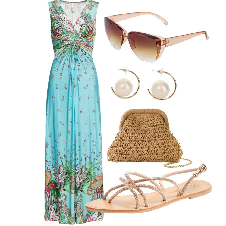 Outfit donna - Water blu-green. Stile Casual chic per Tutti i giorni. Abbinamento con vestiti lunghi, occhiali da sole, borse a tracolla, sandali, orecchini.