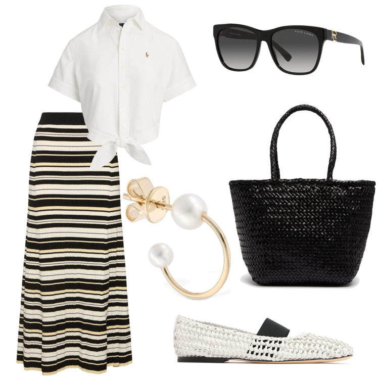 Outfit donna - Total look #2211926. Stile Chic per Tutti i giorni. Abbinamento con camicie, occhiali da sole, orecchini, borse a secchiello, gonne lunghe, ballerine.