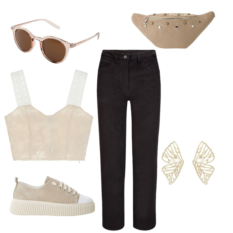 Outfit donna - Jeans anche in estate. Stile Basic per Tutti i giorni. Abbinamento con occhiali da sole, sneakers, marsupi, top, orecchini, pantaloni.