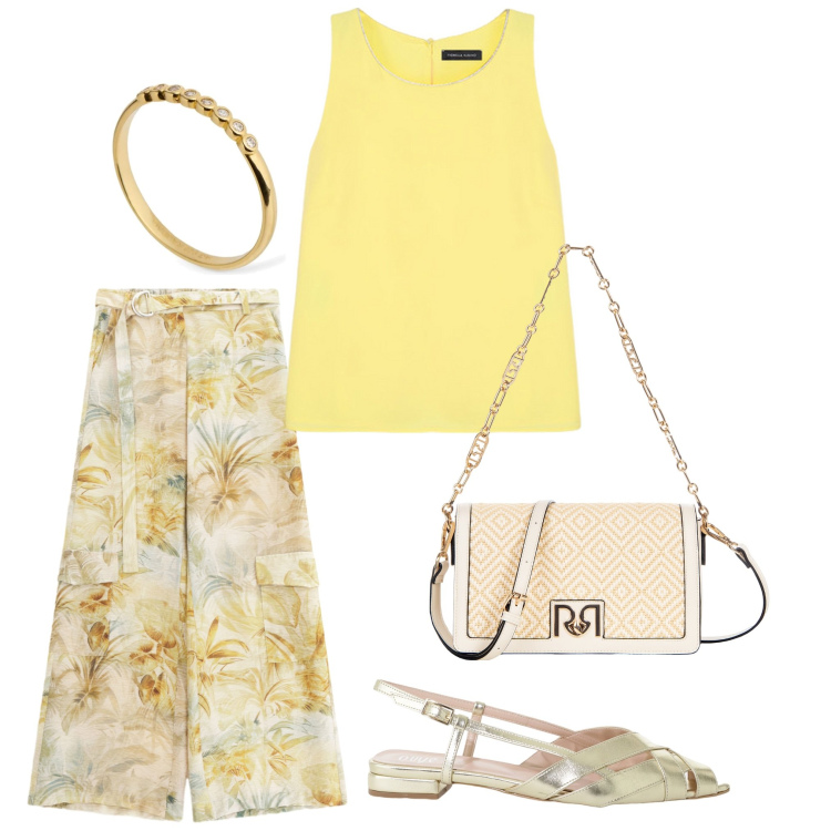 Outfit donna - Sempre solare. Stile Casual per Tutti i giorni. Abbinamento con borse a tracolla, pantaloni, sandali, top, anelli.