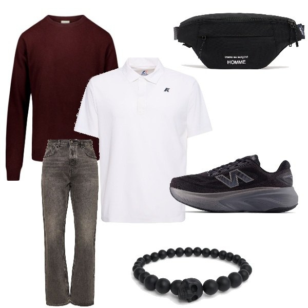 Outfit uomo - Stile Urbano con un tocco Casual. Stile Urban per Tutti i giorni. Abbinamento con scarpe sportive, maglieria, braccialetti, jeans, borse sportive, polo.