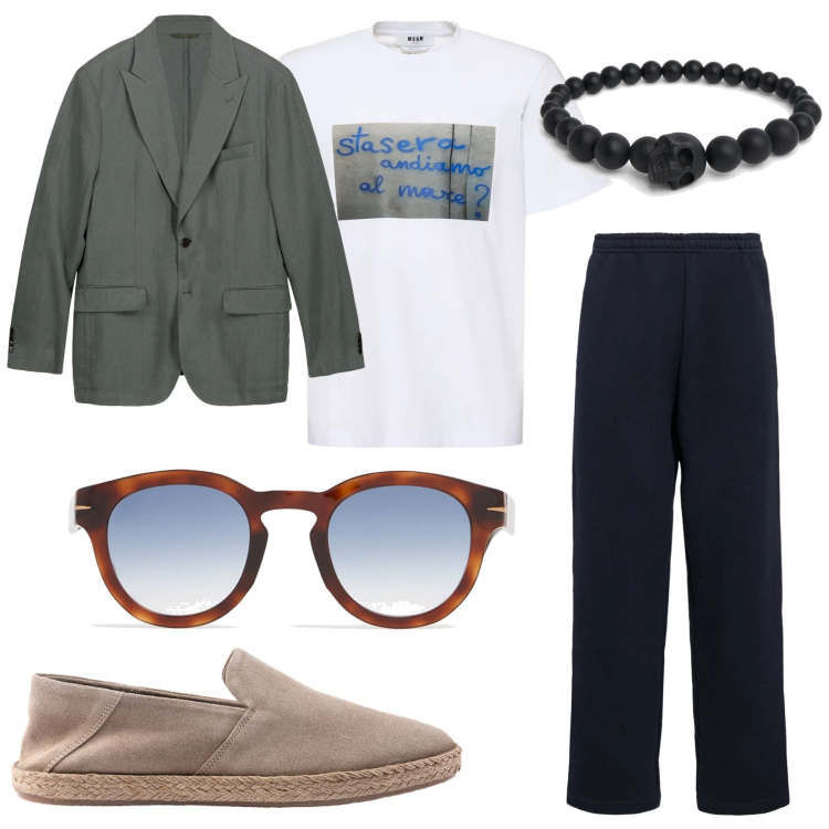 Outfit uomo - Total look #2211935. Stile Trendy per Serata speciale. Abbinamento con giacche, braccialetti, occhiali da sole, t-shirt, espadrillas, pantaloni.