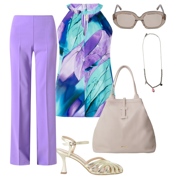 Outfit donna - Violetta. Stile Bon Ton per Tutti i giorni. Abbinamento con top, pantaloni a palazzo, borse tote, ciondoli, sandali col tacco, occhiali da sole.