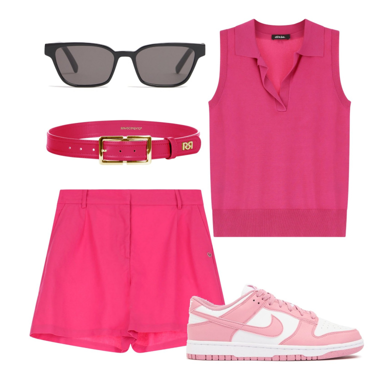 Outfit donna - Padel club. Stile Casual per Tutti i giorni. Abbinamento con cinture, shorts, maglieria, sneakers, occhiali da sole.