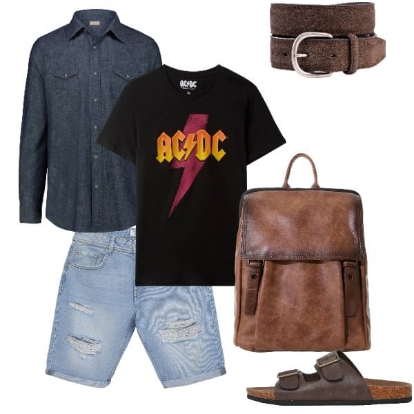 Outfit uomo - Rock Style da Giorno. Stile Biker Rock per Tutti i giorni. Abbinamento con t-shirt, sandali, bermuda, borse sportive, cinture, camicie.