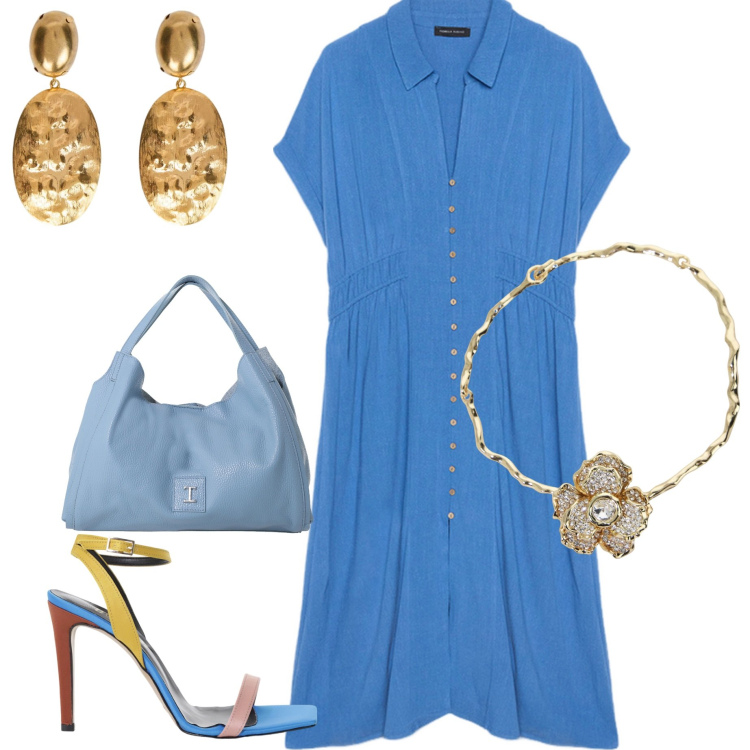 Outfit donna - In città. Stile Basic per Ufficio. Abbinamento con pochette, sandali col tacco, collane, vestiti chemisier, orecchini.
