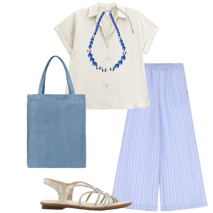 Outfit donna - In ufficio. Stile Casual per Ufficio. Abbinamento con sandali, borse tote, pantaloni a palazzo, camicie a manica corta, collane.