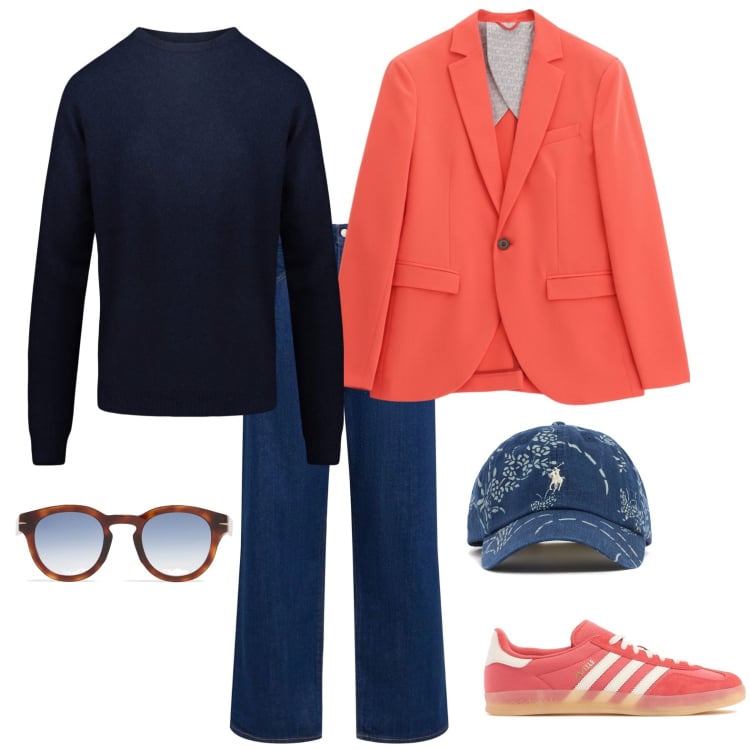 Outfit uomo - ARMONIA CROMATICA 11_complementare. Stile Trendy per Ufficio. Abbinamento con giacche, maglieria, occhiali da sole, jeans, cappelli, sneakers.